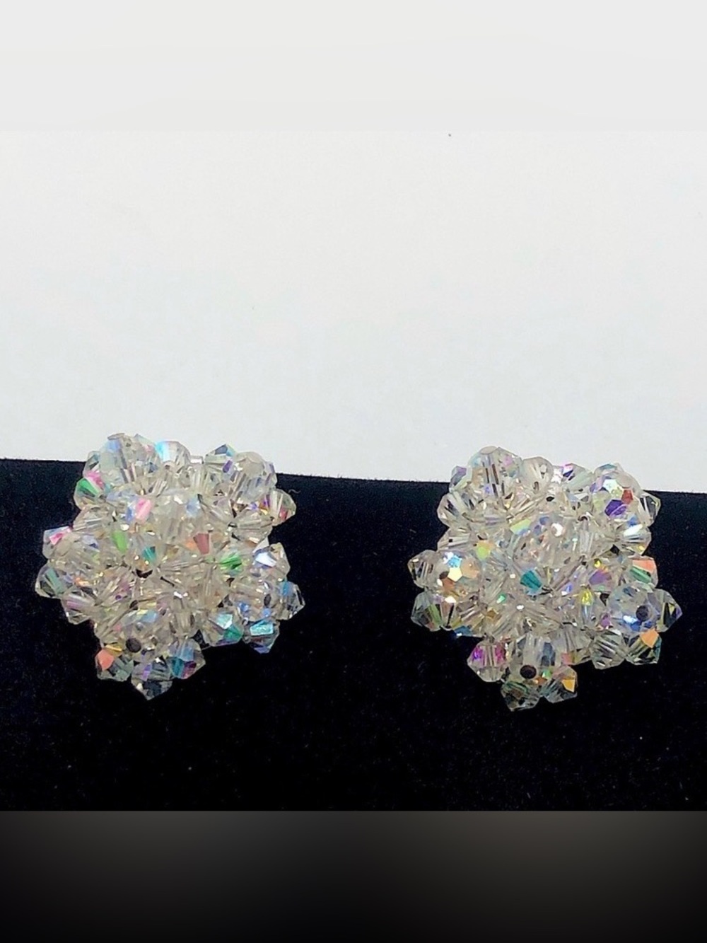 Sherman AB Crystal Bead Cluster Flower Clip on Earrings 1” Signed